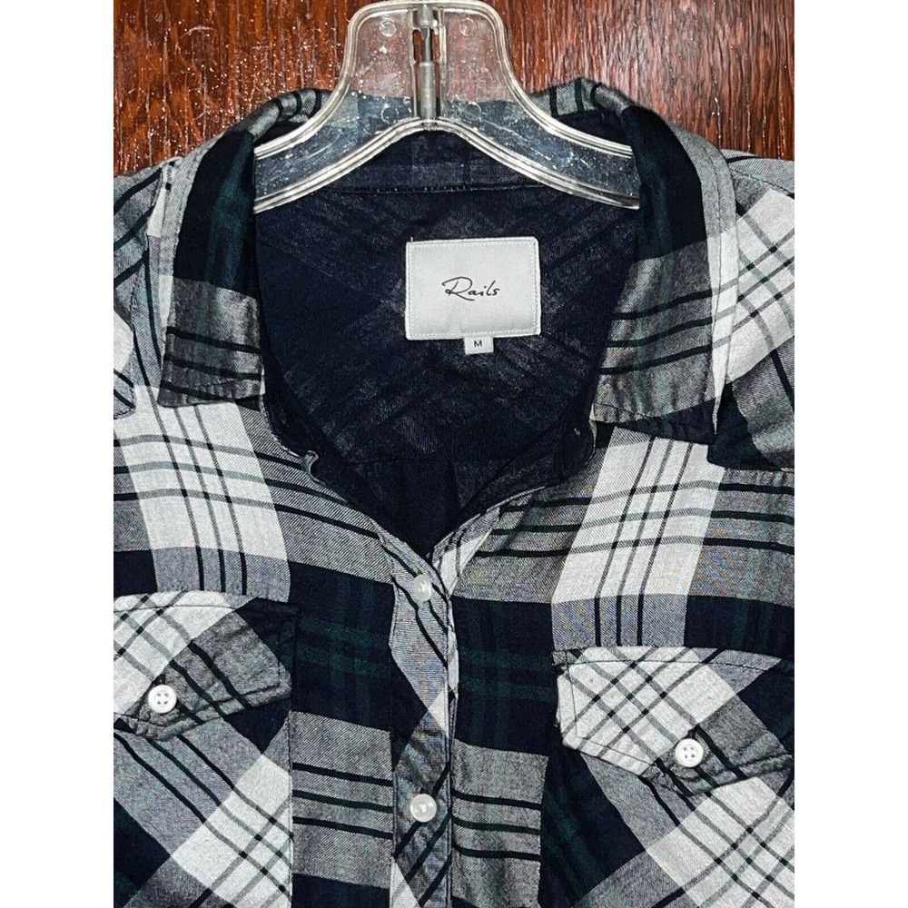 RAILS SHIRT KENDRA WHITE NAVY BLUE FOREST GREEN PLAID BUTTON UP MEDIUM M